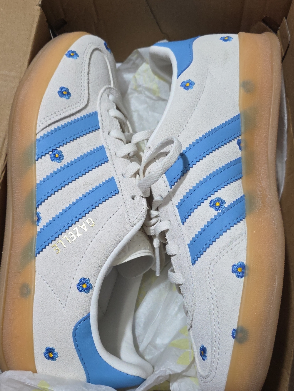 adidas Gazelle White with Blue Floral Accents and Gum Sole